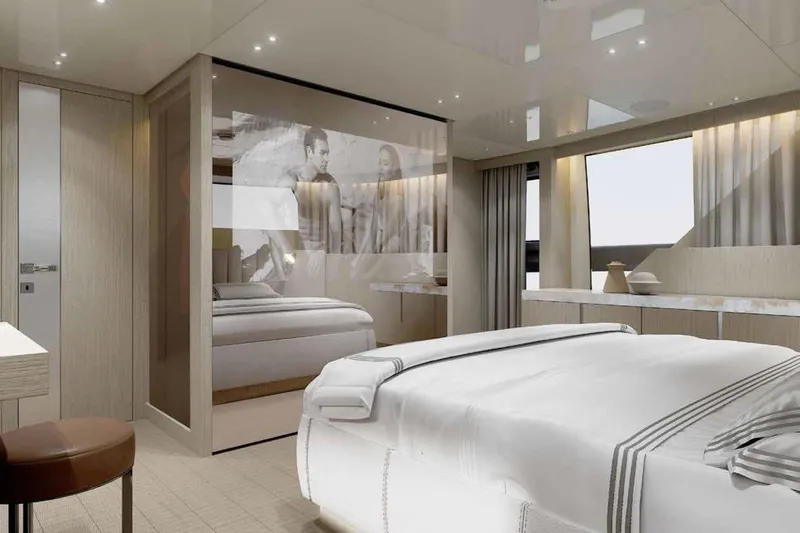  Yacht Photos Pics Luxurious Sanlorenzo SX100 2026 yacht bedroom with modern decor and elegant furnishings.