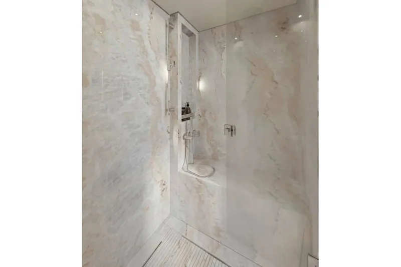  Yacht Photos Pics Luxurious marble shower in 2026 Sanlorenzo SX100 yacht bathroom.