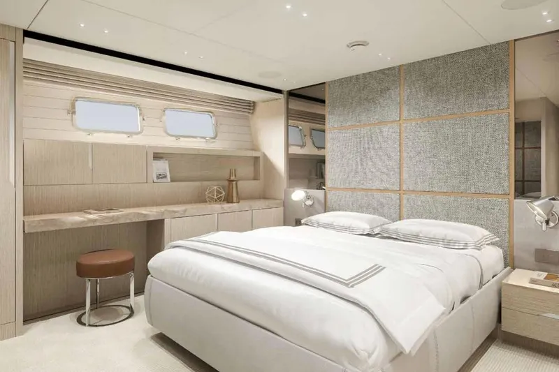  Yacht Photos Pics Luxurious bedroom interior of 2026 Sanlorenzo SX100 yacht, featuring modern design and elegant furnishings.