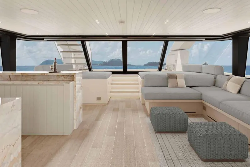  Yacht Photos Pics Luxurious interior of 2026 Sanlorenzo SX100 yacht with modern seating and ocean view.