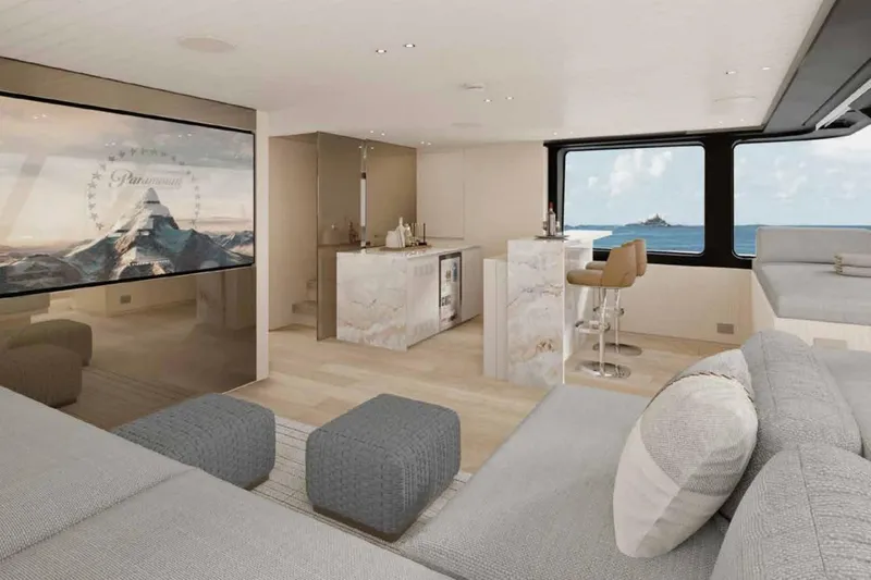  Yacht Photos Pics Luxurious interior of 2026 Sanlorenzo SX100 yacht with modern decor and ocean view.