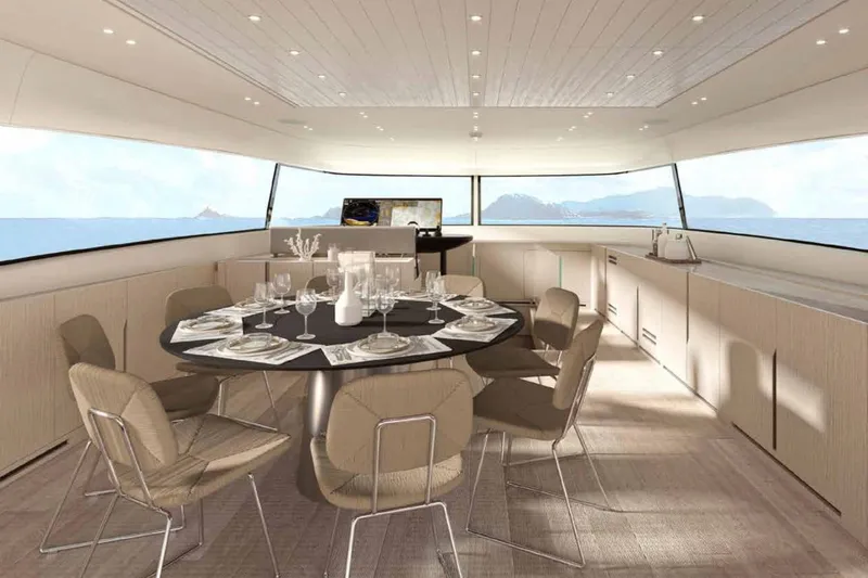  Yacht Photos Pics Luxurious dining area on 2026 Sanlorenzo SX100 yacht with panoramic ocean views.