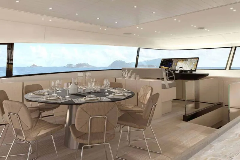  Yacht Photos Pics Luxurious interior of 2026 Sanlorenzo SX100 yacht with elegant dining area and panoramic views.