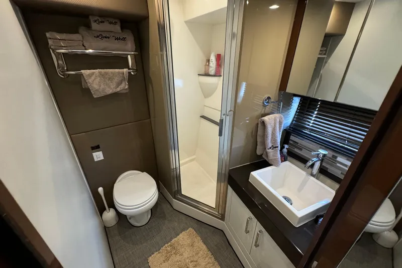  Yacht Photos Pics 2017 Carver C40 Command Bridge bathroom with shower, sink, and toilet, featuring modern amenities.