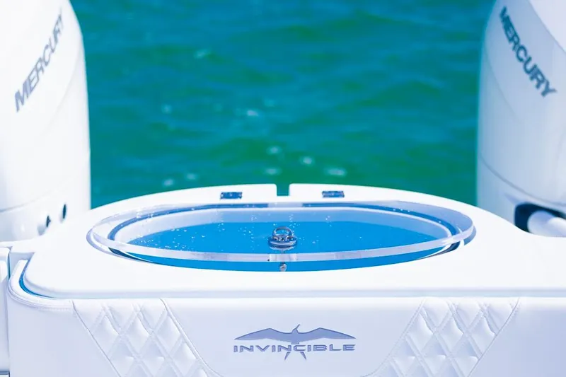  Yacht Photos Pics 2026 Invincible 33 Catamaran with Mercury engines on blue water.