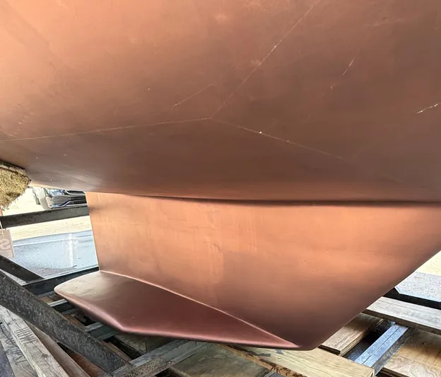 Windquest Yacht Photos Pics 2001 Catalina 42 MkII sailboat keel on display in a boatyard.