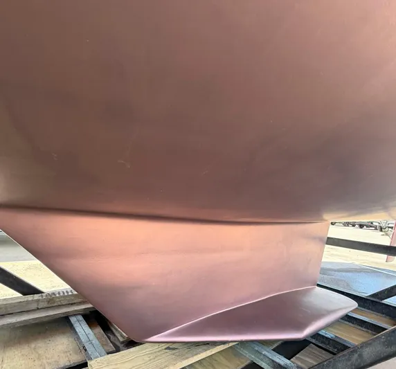 Windquest Yacht Photos Pics Close-up of a 2001 Catalina 42 MkII sailboat keel on a trailer.