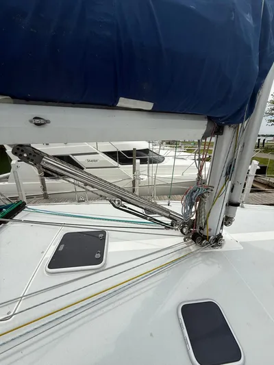 Windquest Yacht Photos Pics 2001 Catalina 42 MkII sailboat deck with rigging and blue sail cover.