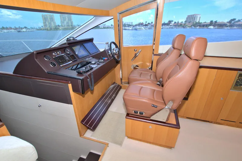Wanderlust Yacht Photos Pics Luxurious 2015 Dyna 60 yacht helm with leather seats and modern controls.