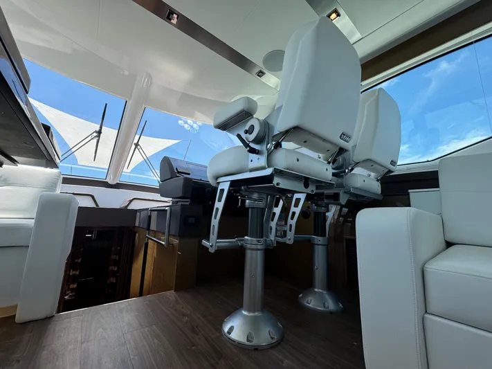 The 7 C's Yacht Photos Pics Luxurious interior of 2021 Cruisers Yachts 60 Cantius Flybridge with modern seating.