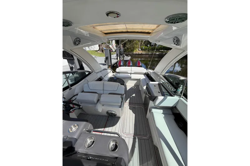  Yacht Photos Pics 2020 Formula 330 Crossover Bowrider OB interior with luxurious seating and modern design.
