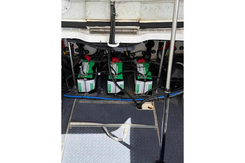  Yacht Photos Pics Battery compartment of a 2020 Formula 330 Crossover Bowrider OB boat.
