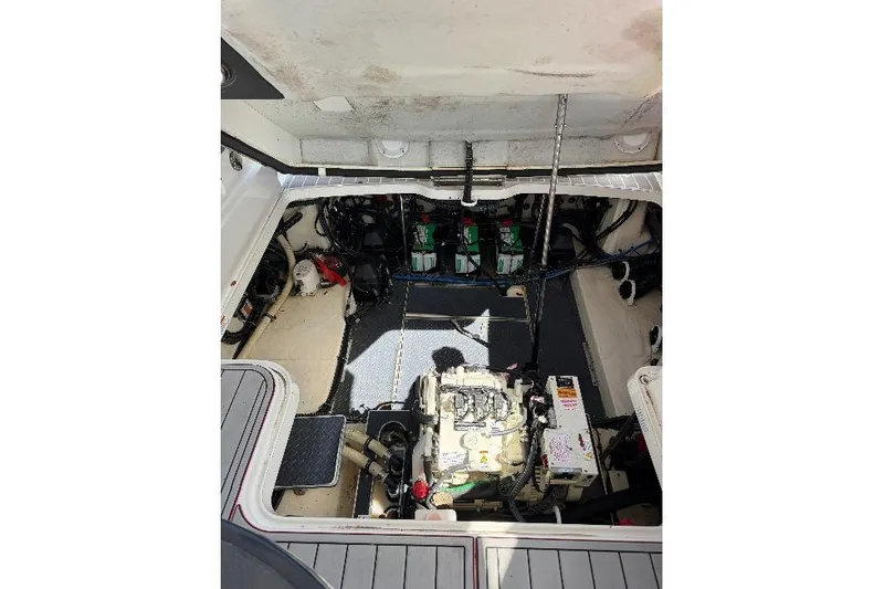  Yacht Photos Pics Engine compartment of 2020 Formula 330 Crossover Bowrider OB, showcasing mechanical components.