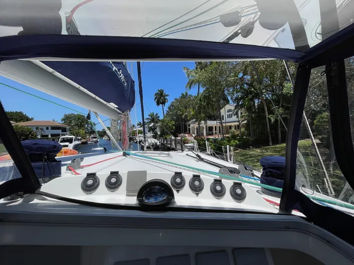  Yacht Photos Pics Interior view of a 2016 Knysna 500 SE yacht overlooking tropical coastline.