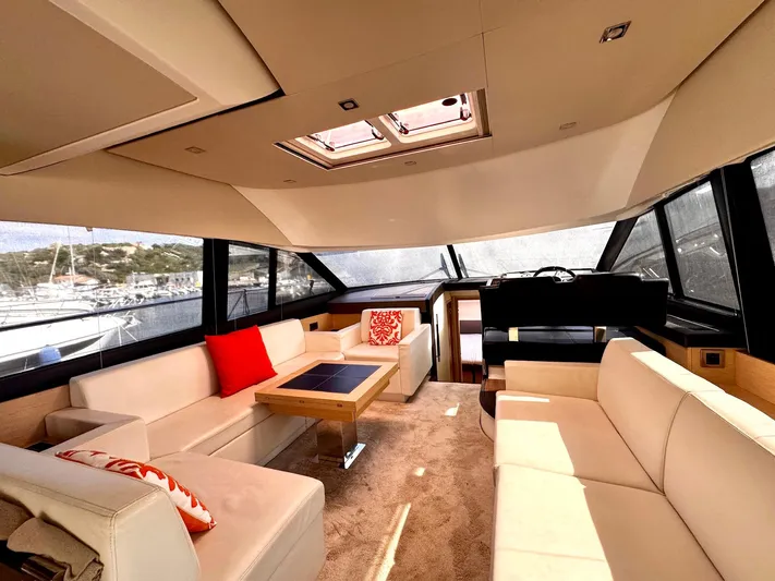 Pure Yacht Photos Pics Luxurious interior of a 2016 Prestige 500 yacht with elegant seating and panoramic windows.