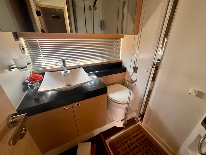 Pure Yacht Photos Pics Luxurious bathroom in 2016 Prestige 500 yacht with modern sink and toilet.