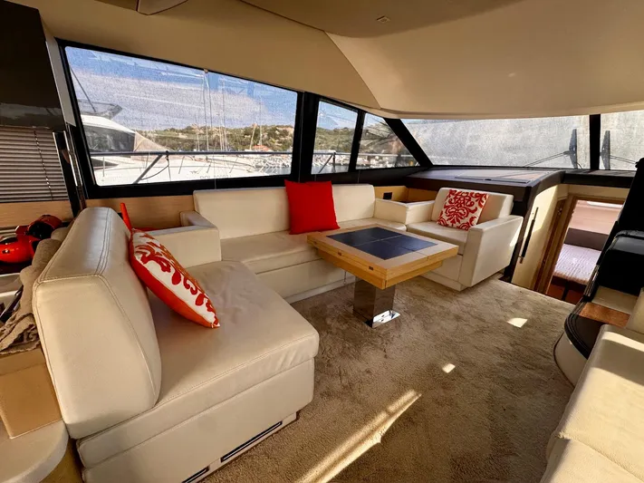 Pure Yacht Photos Pics Luxurious interior of a 2016 Prestige 500 yacht with elegant seating and decor.