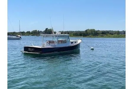Nellie Yacht Photos Pics 1995 Holland Pettegrow Cruiser on calm water, clear sky, and distant shoreline.