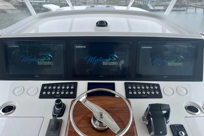 Mystique Yacht Photos Pics Helm of 2025 Mystique Boatworks M48 Custom Carolina with Garmin displays and controls.