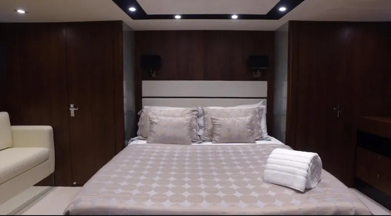  Yacht Photos Pics Luxurious bedroom interior of 2014 Fairline Squadron 78 Custom yacht.