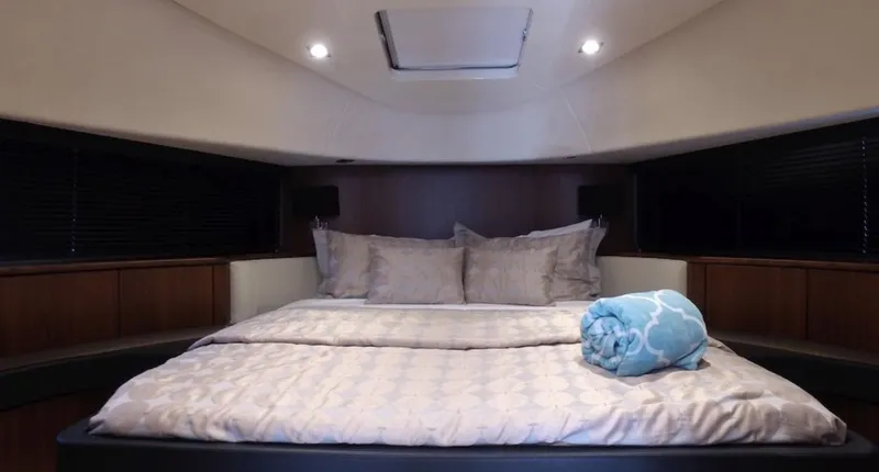  Yacht Photos Pics Luxurious bedroom interior of 2014 Fairline Squadron 78 Custom yacht.