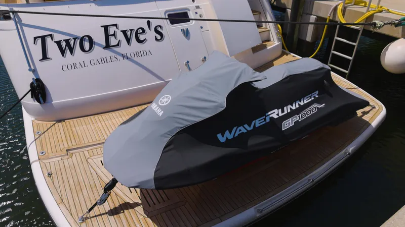  Yacht Photos Pics Fairline Squadron 78 Custom 2014 yacht with covered Yamaha WaveRunner on deck.