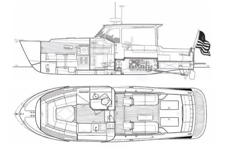 Kikiriki Yacht Photos Pics Blueprint of 2007 MJM 34z Downeast boat, showcasing side and top views with detailed layout.