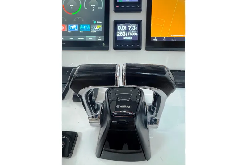 T/t Jodi Ann Yacht Photos Pics Control panel of 2019 Intrepid 345 Nomad FE with Yamaha throttle and digital displays.