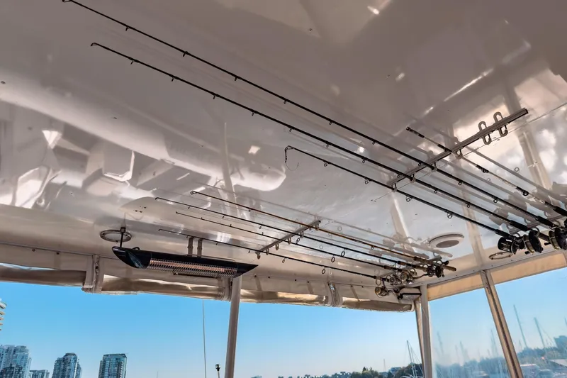 North Yacht Photos Pics Ceiling of Darling Yachts 2002 Custom Aluminum with fishing rods stored overhead.