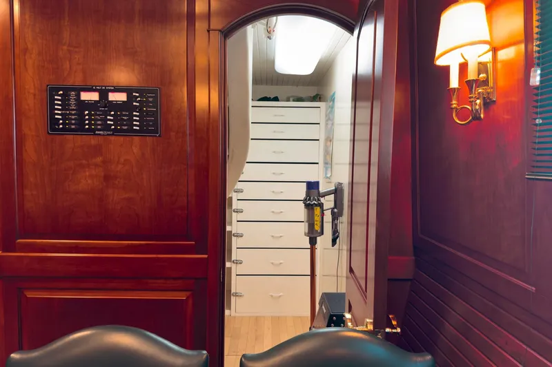 North Yacht Photos Pics Luxurious yacht interior with wooden paneling and modern lighting, Darling Yachts Custom Aluminum 2002.