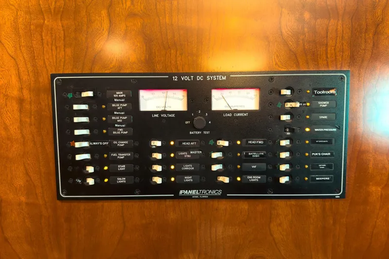 North Yacht Photos Pics Control panel of a 2002 Darling Yachts Custom Aluminum, featuring 12-volt DC system.
