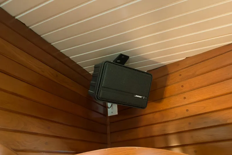 North Yacht Photos Pics Speaker mounted on wooden interior of 2002 Darling Yachts Custom Aluminum.