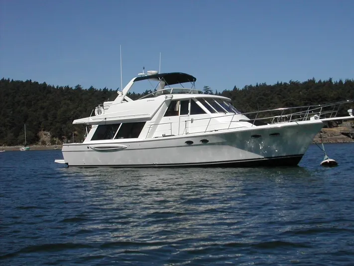  Yacht Photos Pics 2005 Meridian 490 Pilothouse yacht on calm water, forested shoreline in background.
