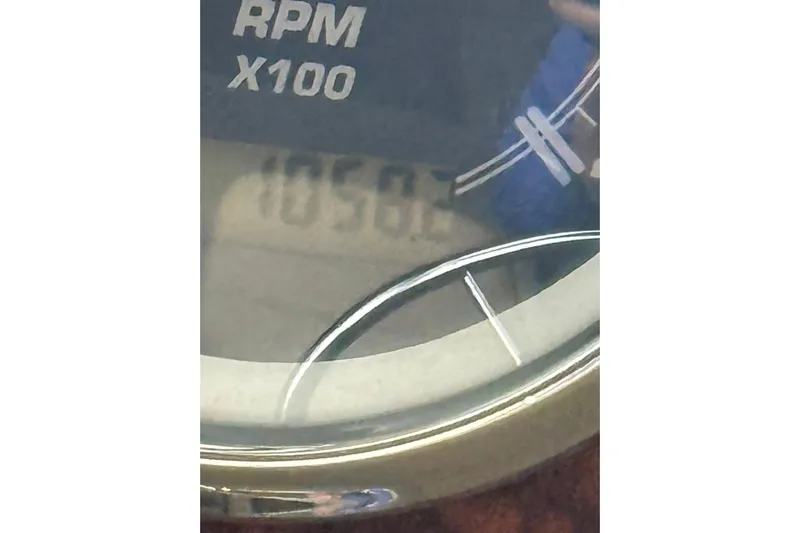  Yacht Photos Pics Close-up of RPM gauge on 2005 Meridian 490 Pilothouse boat.