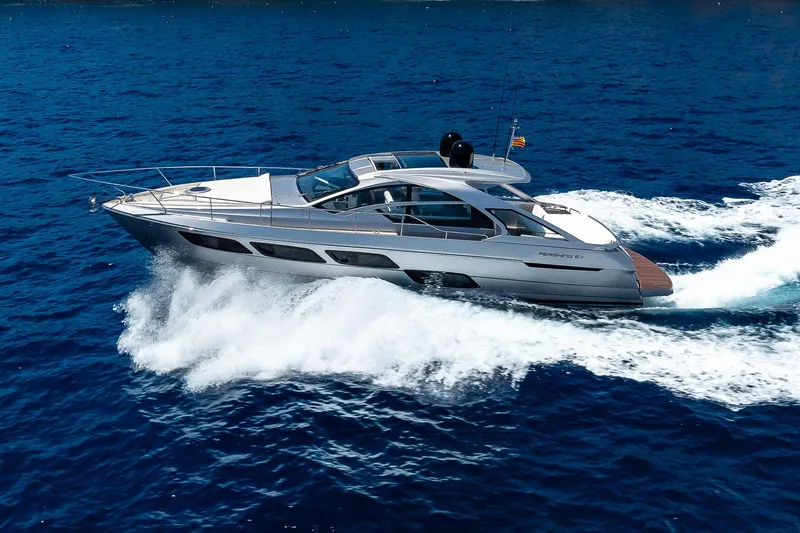 Polar Yacht Photos Pics 2023 Pershing 5x yacht cruising on open blue sea, showcasing sleek design and speed.