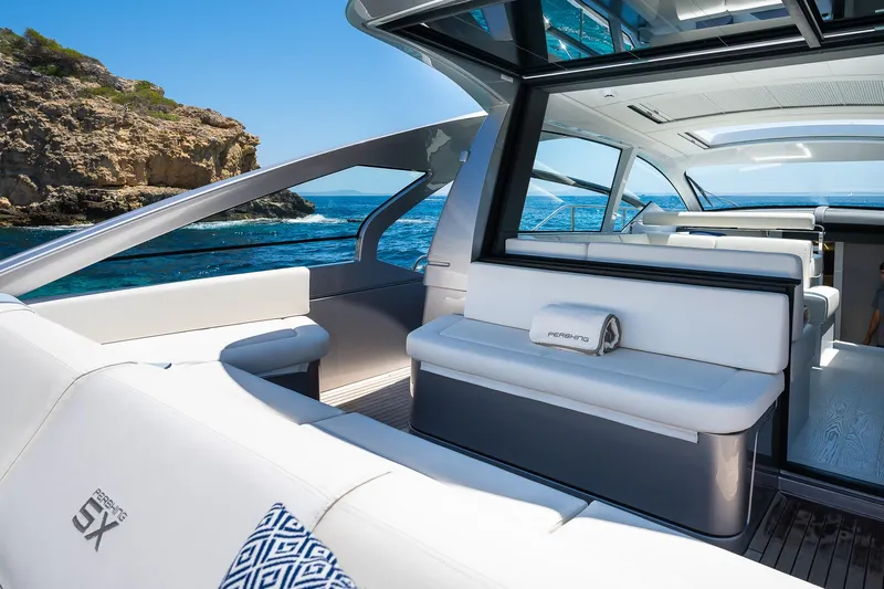 Polar Yacht Photos Pics Luxurious 2023 Pershing 5x yacht interior with sleek design and ocean view.