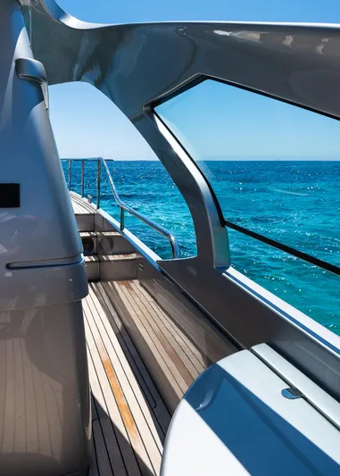 Polar Yacht Photos Pics 2023 Pershing 5x yacht deck with ocean view, showcasing sleek design and luxury.