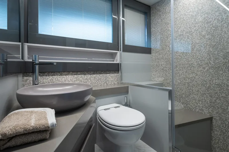 Polar Yacht Photos Pics Modern bathroom in 2023 Pershing 5x yacht with sleek fixtures and elegant design.