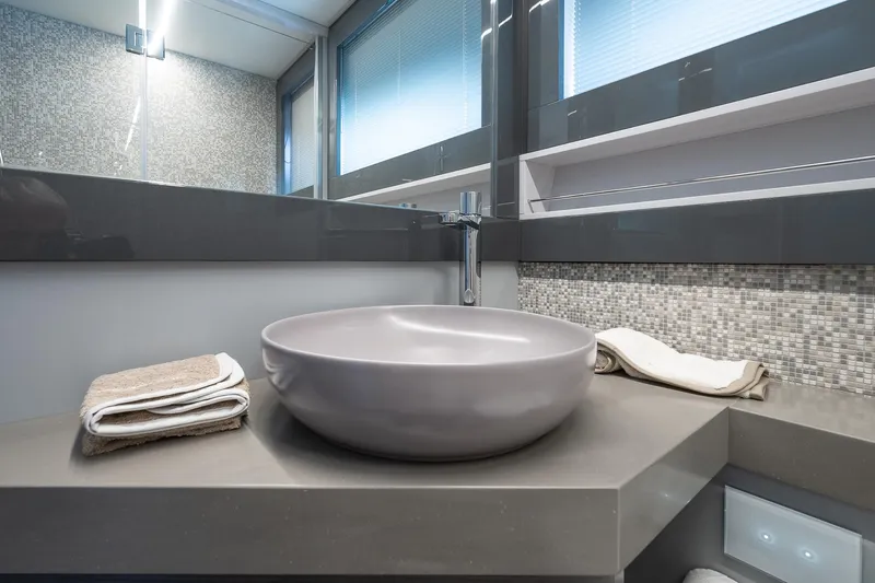 Polar Yacht Photos Pics Modern bathroom sink in 2023 Pershing 5x yacht, featuring sleek design and elegant finishes.
