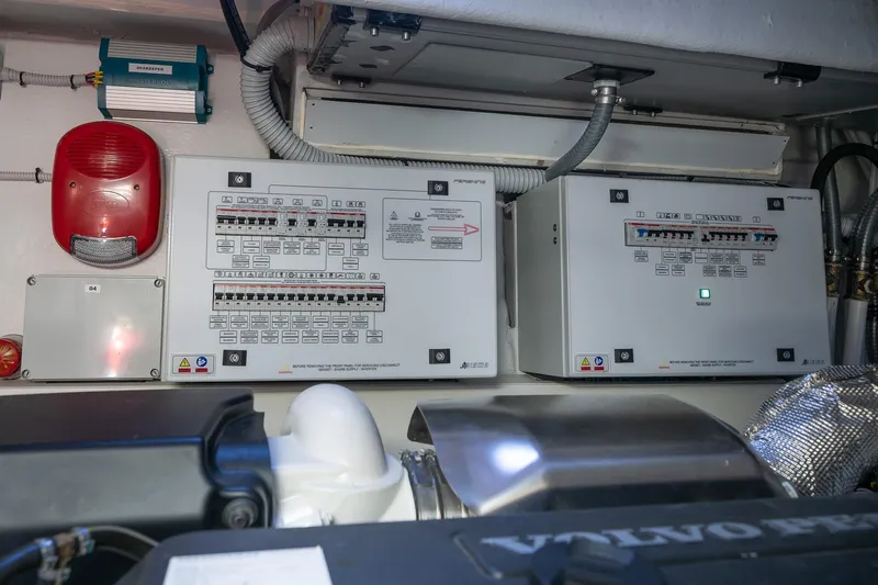 Polar Yacht Photos Pics Electrical control panels in a 2023 Pershing 5x yacht engine room.