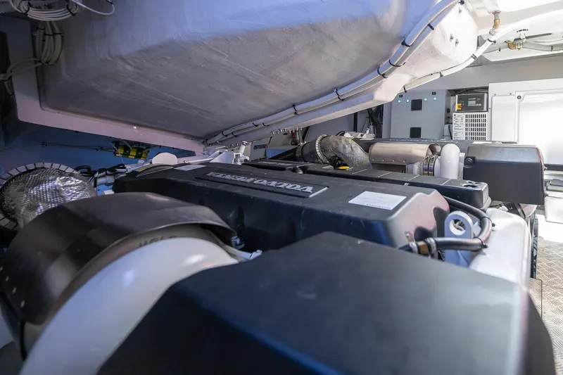Polar Yacht Photos Pics Engine compartment of 2023 Pershing 5x yacht, showcasing advanced machinery and design.