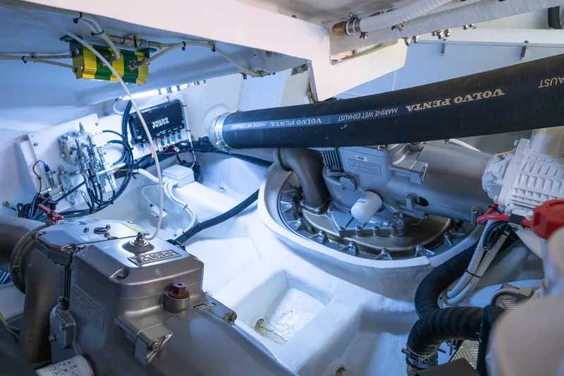Polar Yacht Photos Pics Engine room of 2023 Pershing 5x yacht, featuring Volvo Penta components and advanced marine technology.