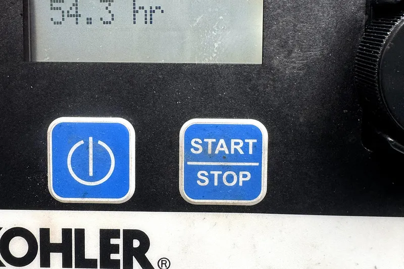 Blue Skye Yacht Photos Pics Control panel with power and start/stop buttons, Kohler branding, 54.3 hours displayed.