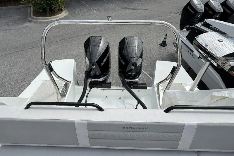  Yacht Photos Pics 2024 Beneteau Flyer 10 boat with dual Mercury outboard engines, rear view.