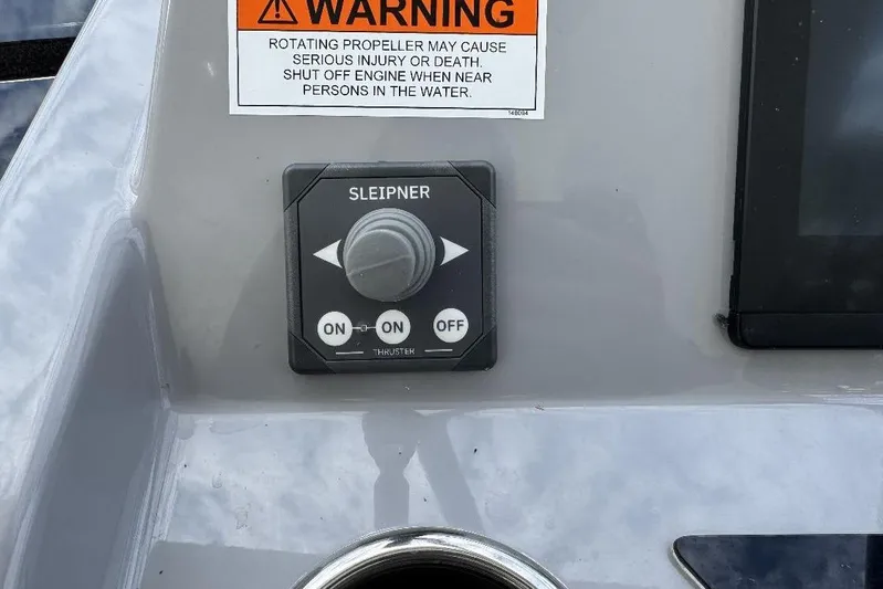  Yacht Photos Pics Control panel on 2024 Beneteau Flyer 10 boat with warning label and Sleipner thruster.