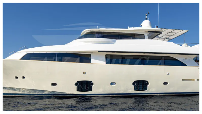 Yacht Photos Pics 2008 Ferretti Yachts Customline Navetta 26, elegant white yacht on calm blue waters.