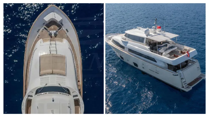  Yacht Photos Pics 2008 Ferretti Yachts Customline Navetta 26 on open sea, aerial and side views.