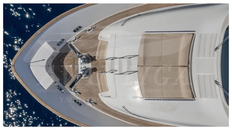  Yacht Photos Pics Top view of 2008 Ferretti Yachts Customline Navetta 26 on sparkling blue water.