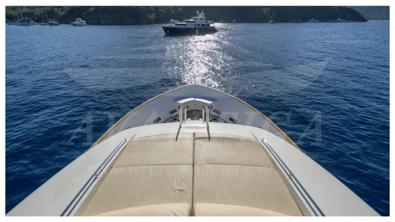  Yacht Photos Pics Bow view of 2008 Ferretti Yachts Customline Navetta 26 on serene blue waters.