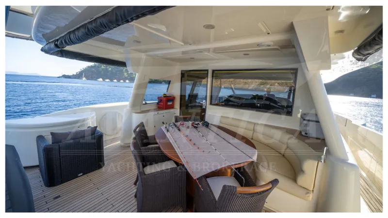  Yacht Photos Pics Luxurious 2008 Ferretti Yachts Customline Navetta 26 with elegant outdoor dining area.